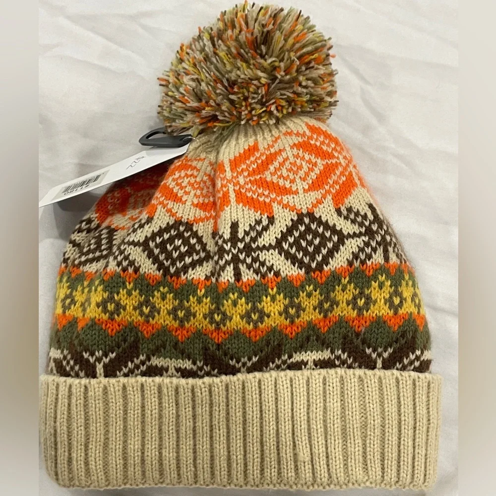 Jeanne Simmons Kids Fair Isle Beanie Winter Knit Hat‎ Pom Pom Orange Yellow NEW